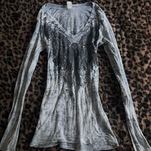 Affliction Style White/Grey Long Sleeve V-Neck Tee